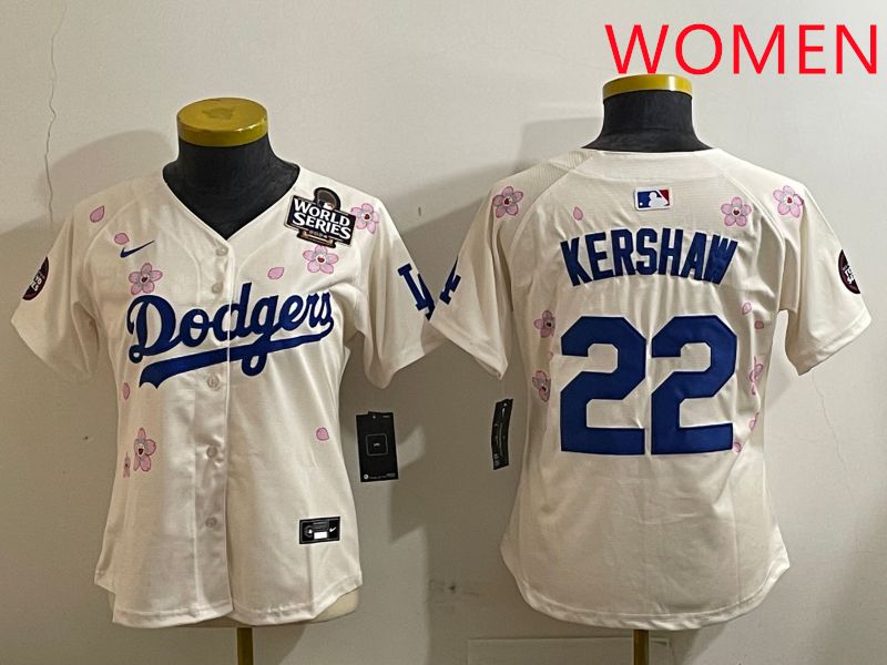 Women Los Angeles Dodgers #22 Kershaw Cream Sakura Edition 2025 Nike MLB Jersey style 7
